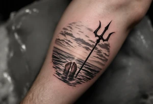 trident with bare feet half way under calm water at sunset tattoo idea