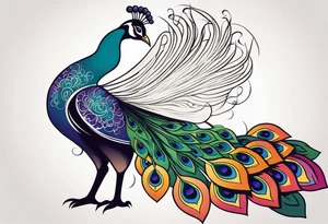 Colorful peacock that is longer than it is wide over a sublime style sun standing in a stick with a horseshoe over the top of the peacock to each side of the stick tattoo idea