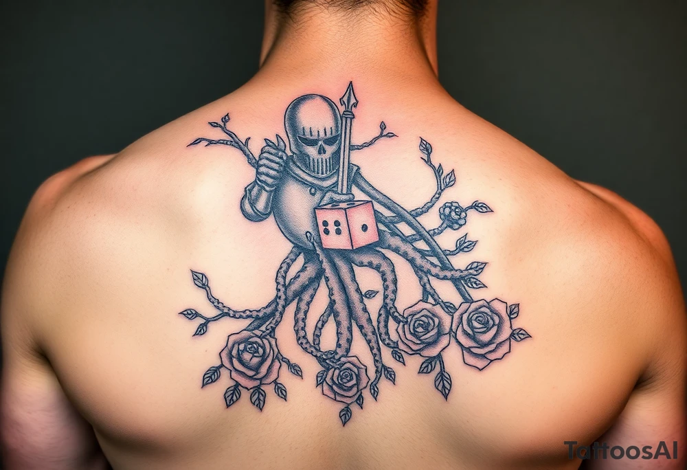 knight and squid intertwined with tree roots and roses rolling dice tattoo idea
