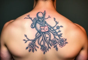 knight and squid intertwined with tree roots and roses rolling dice tattoo idea