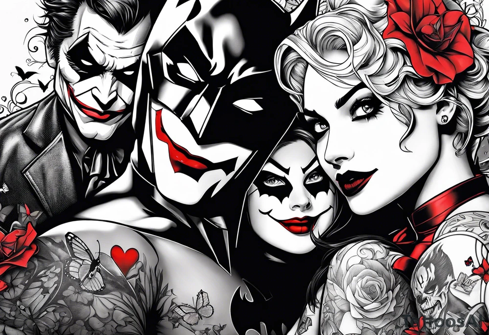 Small Batman and joker with Harley Quinn tattoo with butterflies and lots of color tattoo idea