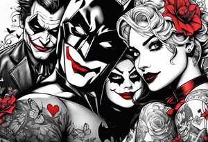 Small Batman and joker with Harley Quinn tattoo with butterflies and lots of color tattoo idea