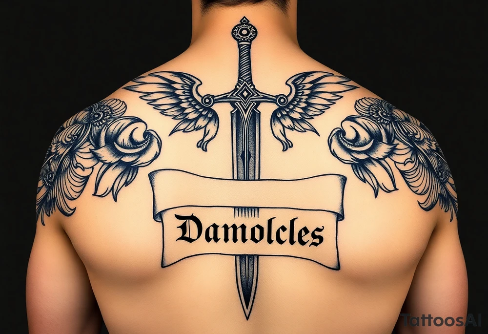 Please generate Polynesian style tattoos for me on my entire back according to my qualities and faults. 
My qualities are authenticity, constructive reflection after failure and balance in relationships.
My faults are emotional dependence on financial security, emotional flight and procrastination linked to uncertainty.
The sword should cover my back from top to bottom, passing over my spine with great relief and detail, surrounded by a parchment written in fine italic letters “Sword of Damocles”. tattoo idea
