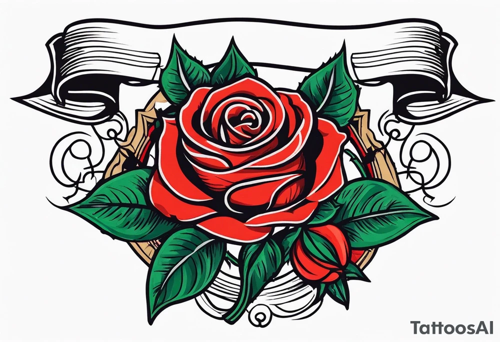 2 roses with banner between them wide tattoo idea