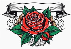2 roses with banner between them wide tattoo idea