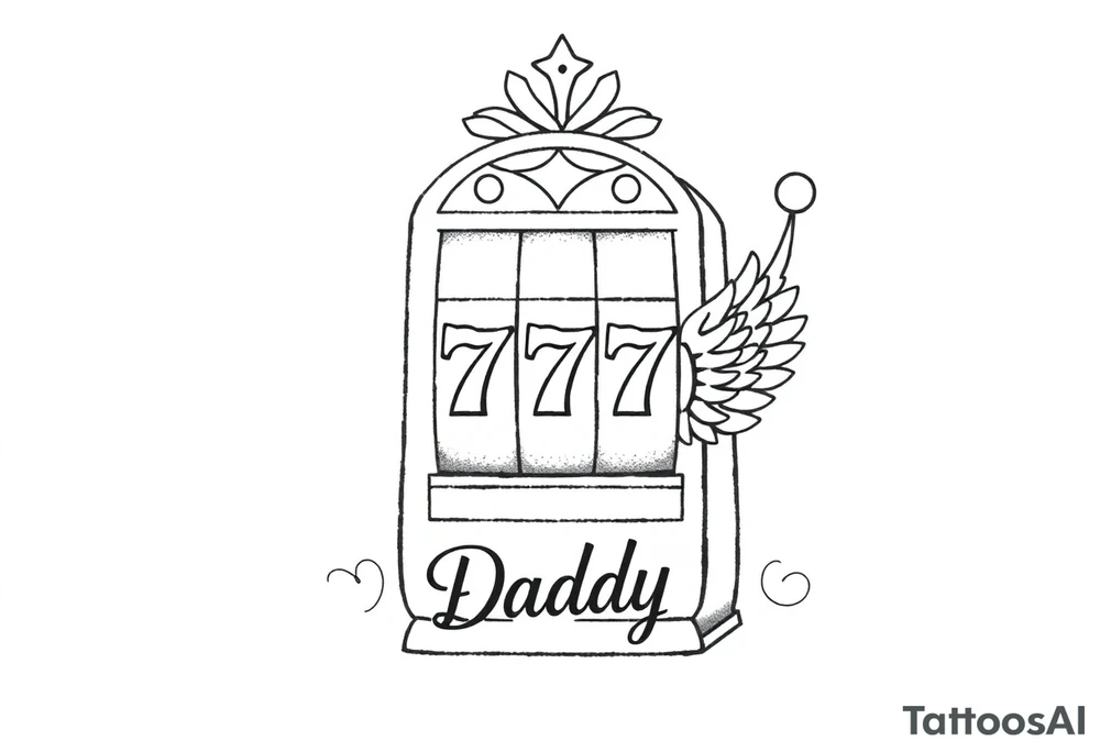 Slot machine with 777 and the word Daddy with angel wings tucked tattoo idea