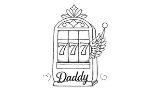 Slot machine with 777 and the word Daddy with angel wings tucked tattoo idea