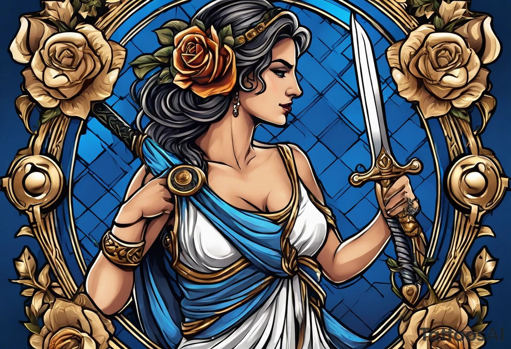 ancient rome clothes women, with Libra in one hand and a sword in the other, blue rose frames tattoo idea