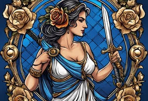 ancient rome clothes women, with Libra in one hand and a sword in the other, blue rose frames tattoo idea