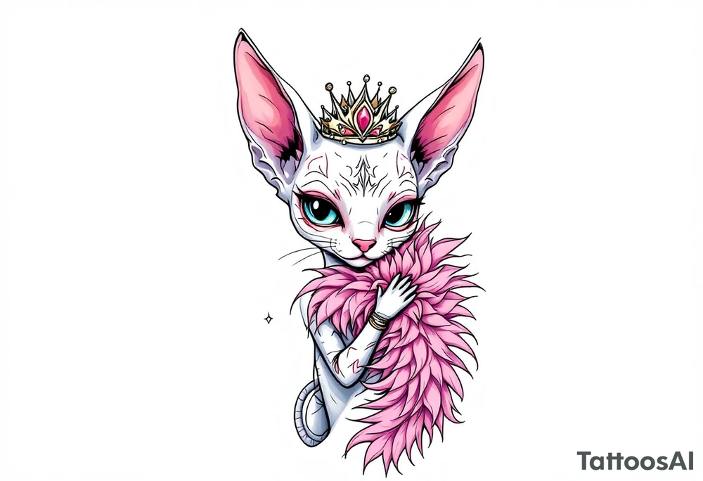 Chibi new school Glamorous sphinx cat holding 
pink feather boa and wearing a crown tattoo idea