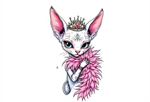 Chibi new school Glamorous sphinx cat holding 
pink feather boa and wearing a crown tattoo idea