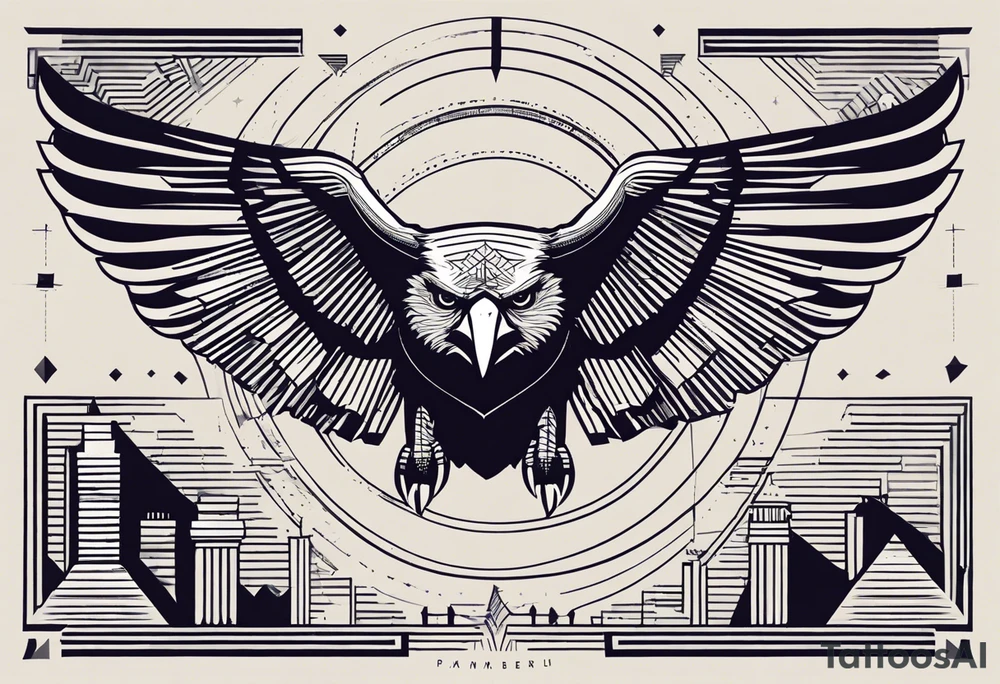 Words: Courage, determination, patience, focus, resilience. Image: Geometric eagle face, bull and bear faces divided by the financial market dump and pump. Graphics, symbols of intelligence interconnected with books and studies that represent the search for knowledge as a person guided by humanity and human philosophy. Image for the right arm and right forearm. Use geometric shapes and lines to connect images. all imagens unity tattoo idea