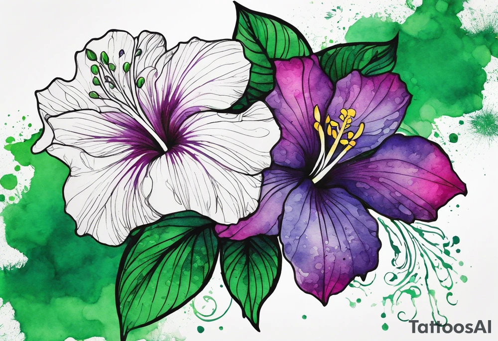 A mystical outline of a rio dipladenia flower and a green and purple watercolor splash in the background tattoo idea