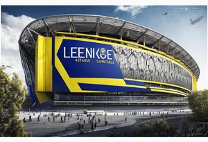 Fenerbahce Istanbul stadium from outside with blue details and over them a big yellow canary tattoo idea
