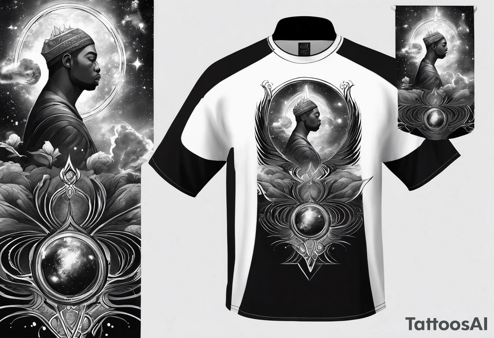 Jehovah looking out at the marvels of his creation from the atoms to the galaxy and celestial beings. With grey wash and a fantasy theme. Jehovah has to be a character who is so majestic, charismatic, immensely powerful. There isnt a single thing he isnt capable of doing. Infinitely powerful forward facing tattoo idea