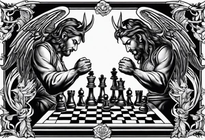 reaching devil and angel hands playing chess tattoo idea