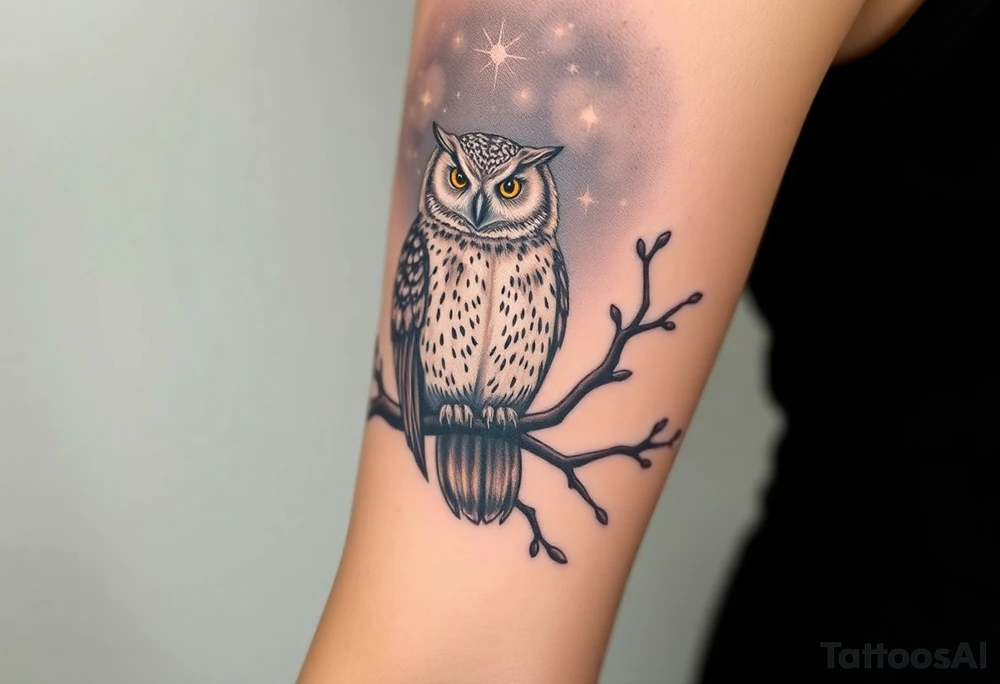 wise owl perched on ancient oak branch under starlit sky tattoo idea