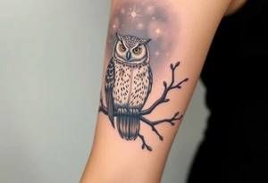 wise owl perched on ancient oak branch under starlit sky tattoo idea