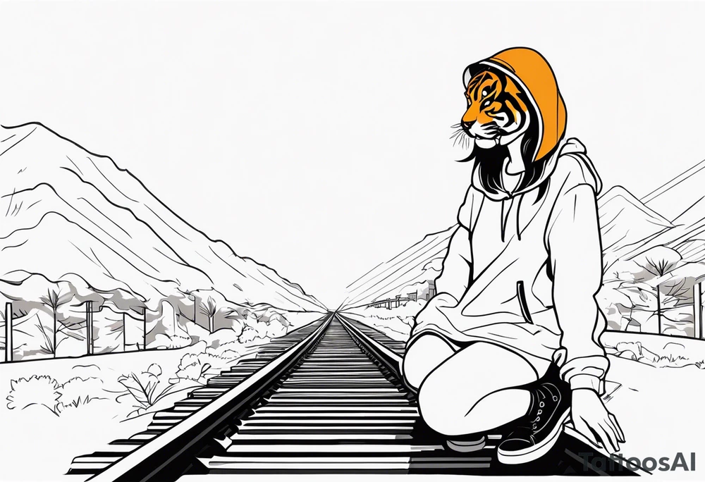 Bells cracming train track in the middle with a girl wearing tiger mask tattoo idea