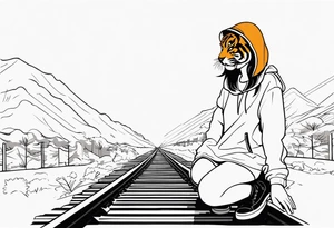 Bells cracming train track in the middle with a girl wearing tiger mask tattoo idea