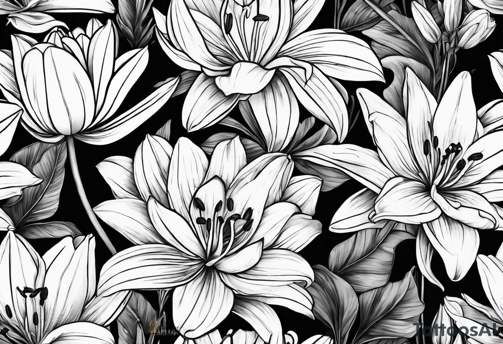 lily, marigold, tulip, cosmo, and aster tattoo idea