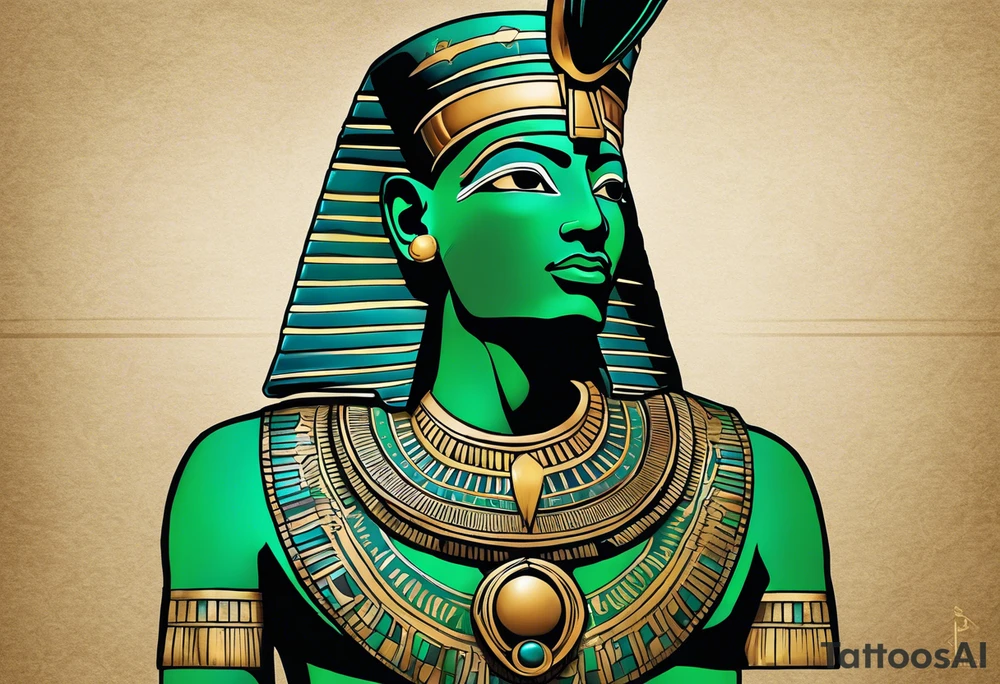 The tattoo represents Osiris, the god of the afterlife and resurrection, with his iconic green skin and traditional attire. His body is wrapped in a detailed shroud, and he is depicted with the Atef crown, featuring the white crown of Upper Egypt flanked by two feathers. His eyes are serene yet powerful, reflecting his role as the judge of the dead. The detailed texture of his skin and attire, along with realistic shadows and highlights, accentuate Osiris’s divine and otherworldly presence. tattoo idea
