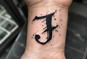 Handwritten "J" in charcoal black with soft gray shading and ink splatter. tattoo idea