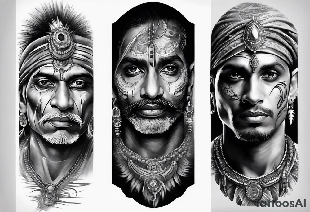 indian man face realistic leg sleeve tattoo idea