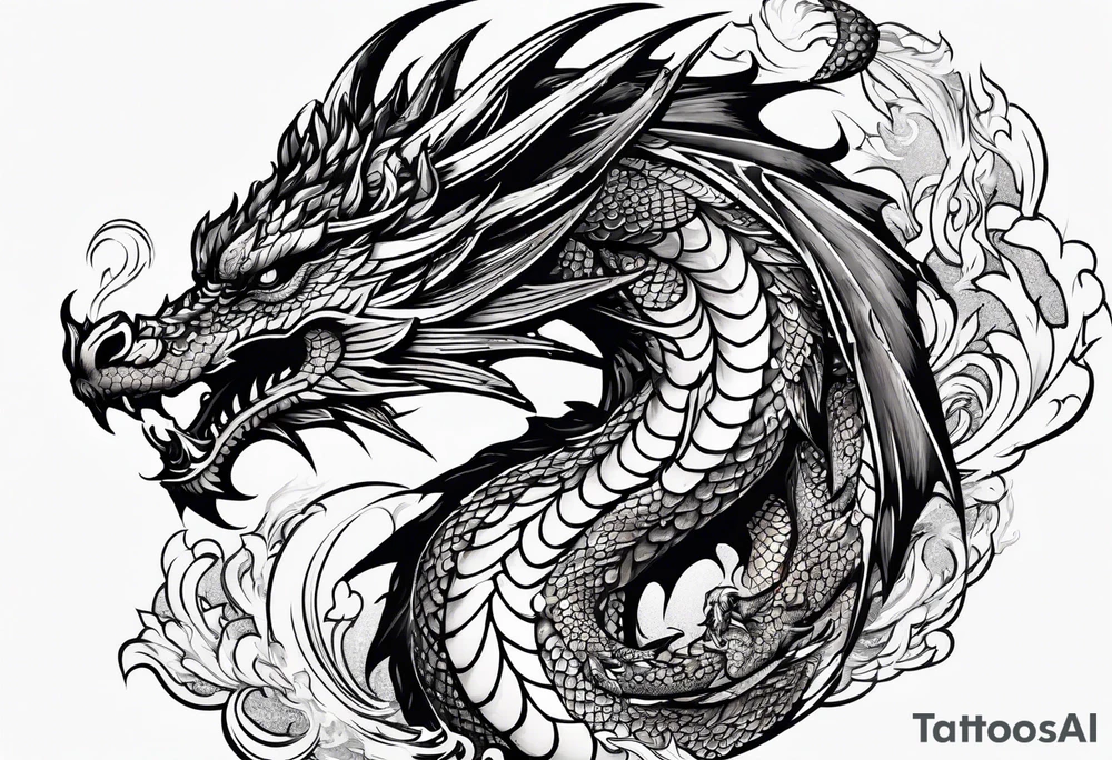 An ornate dragon breathing fire, with intricate scales and a fierce expression, symbolizing power and protection.” tattoo idea
