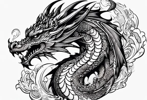 An ornate dragon breathing fire, with intricate scales and a fierce expression, symbolizing power and protection.” tattoo idea