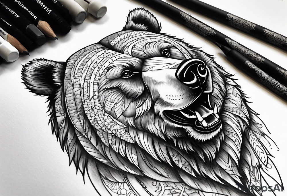 Powerful bear with the word family tattoo idea
