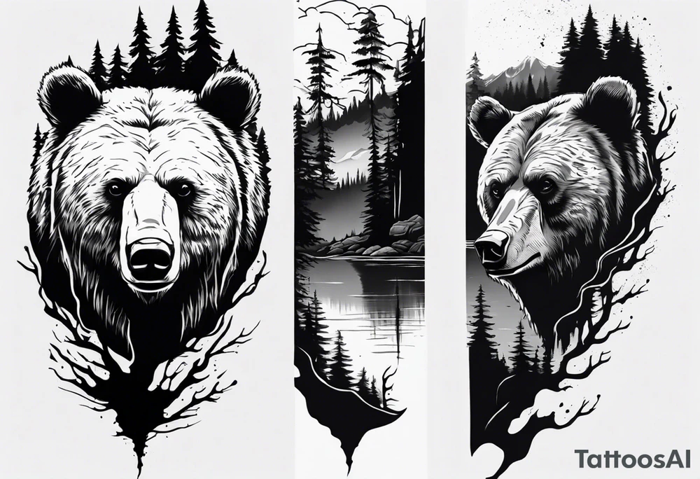 bear head right above the forest line with a lake below, full arm sleeve tattoo tattoo idea