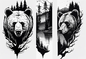 bear head right above the forest line with a lake below, full arm sleeve tattoo tattoo idea