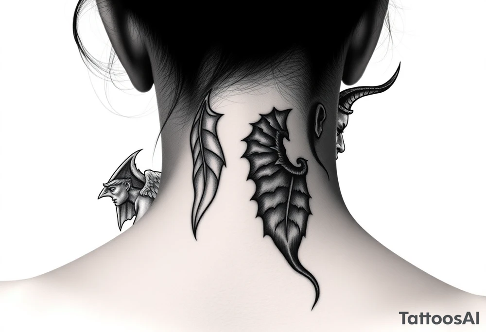 position behind the neck Angel (on the right) whispering in the right ear, demon (on the left) whispering in the left ear. It must be as realistic as possible. tattoo idea