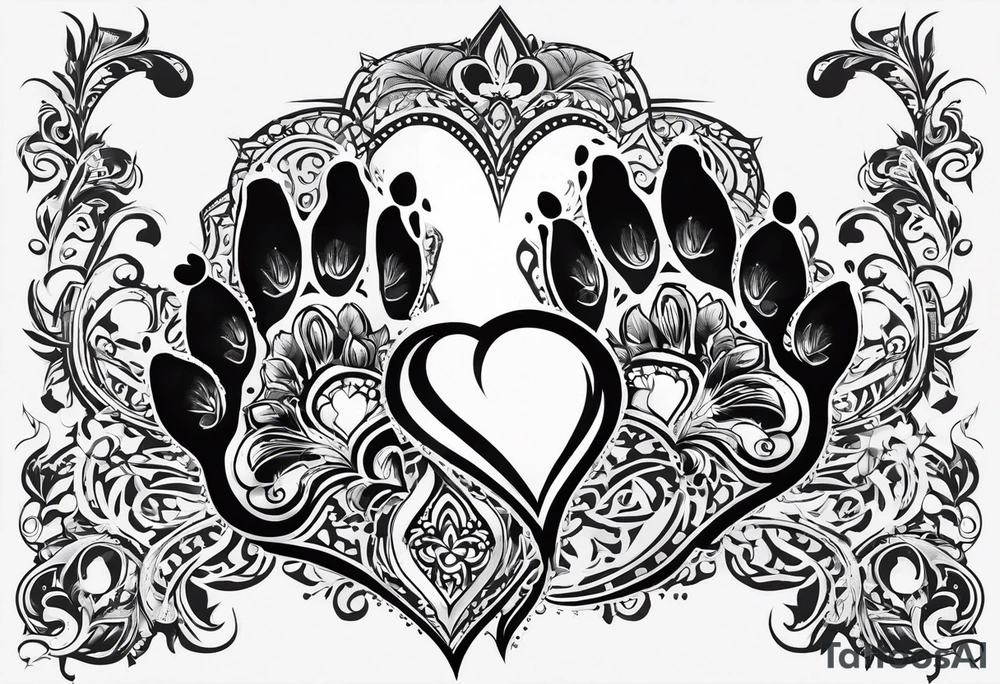 two small dog paws, two big dog paws with shadow background connecting them and seperate, disconnected tribal heart above it all tattoo idea