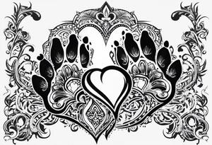 two small dog paws, two big dog paws with shadow background connecting them and seperate, disconnected tribal heart above it all tattoo idea