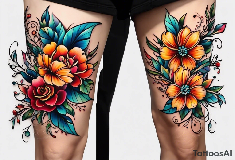 long vertical tattoo to cover my whole shin showing two separate flowers wrapped around each other, I want a long stem to shower them intertwined tattoo idea