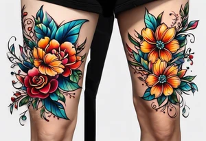 long vertical tattoo to cover my whole shin showing two separate flowers wrapped around each other, I want a long stem to shower them intertwined tattoo idea