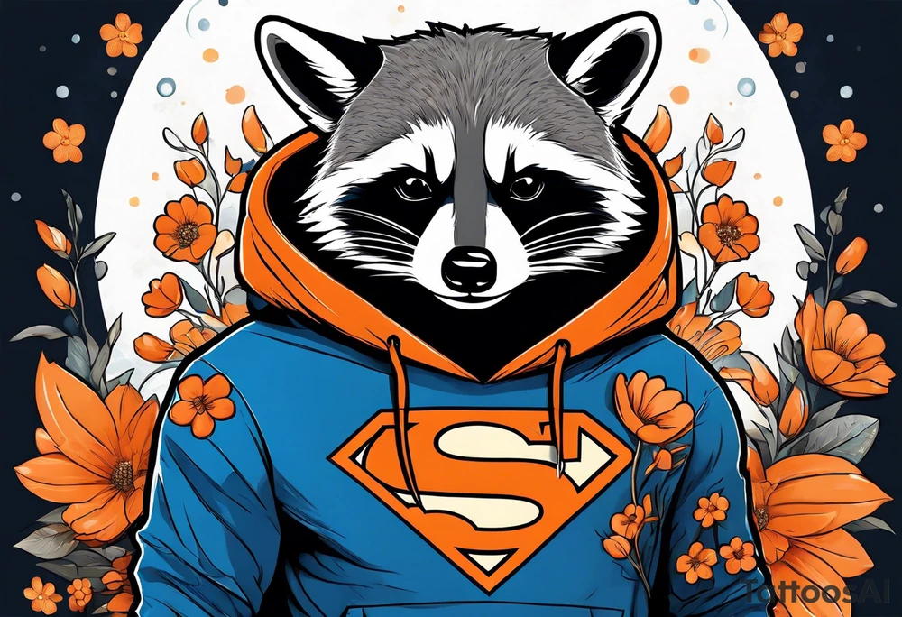 raccoon wearing a Superman hoodie with orange flowers tattoo idea