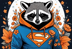 raccoon wearing a Superman hoodie with orange flowers tattoo idea