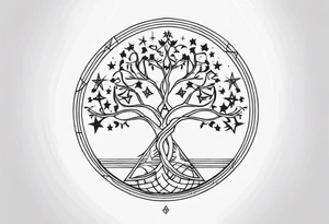 Tree of Life with DNA and Deathly Hallows Symbol and Velaris Mountains and Stars tattoo idea