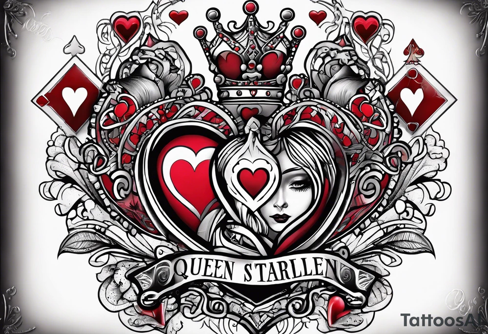 queen of hearts card  -on forearm - with text saying "queen starleen" tattoo idea