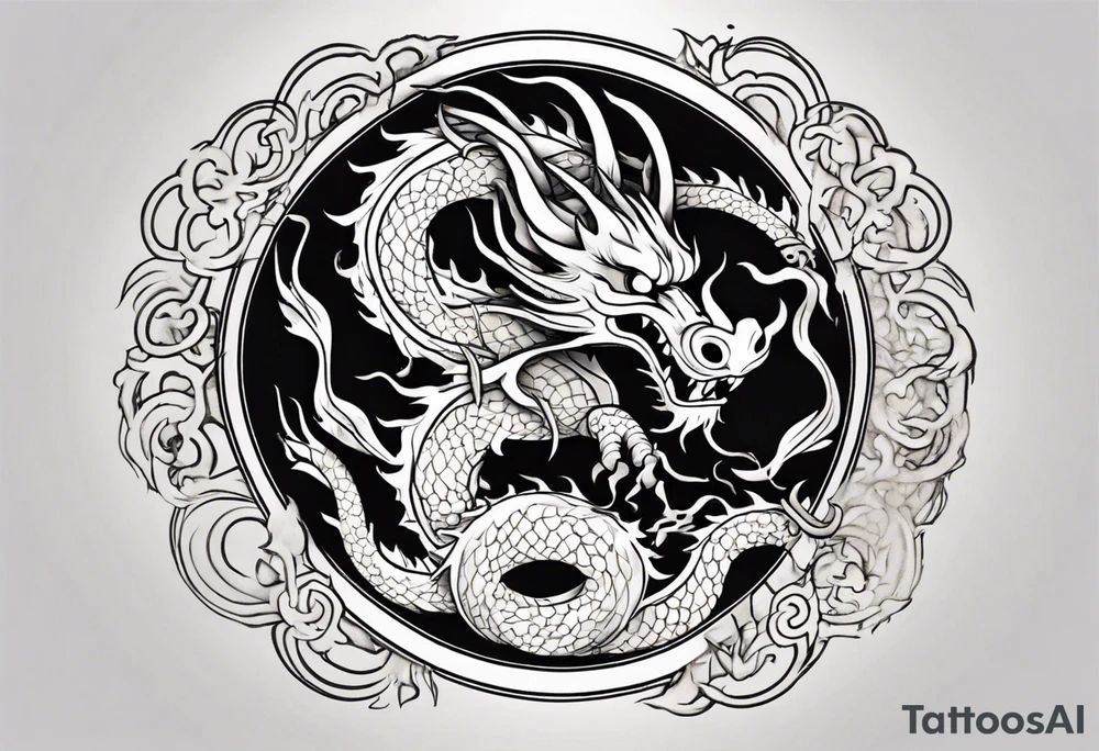 Chinese dragon in a circular shape with "02.03" written on its skin tattoo idea