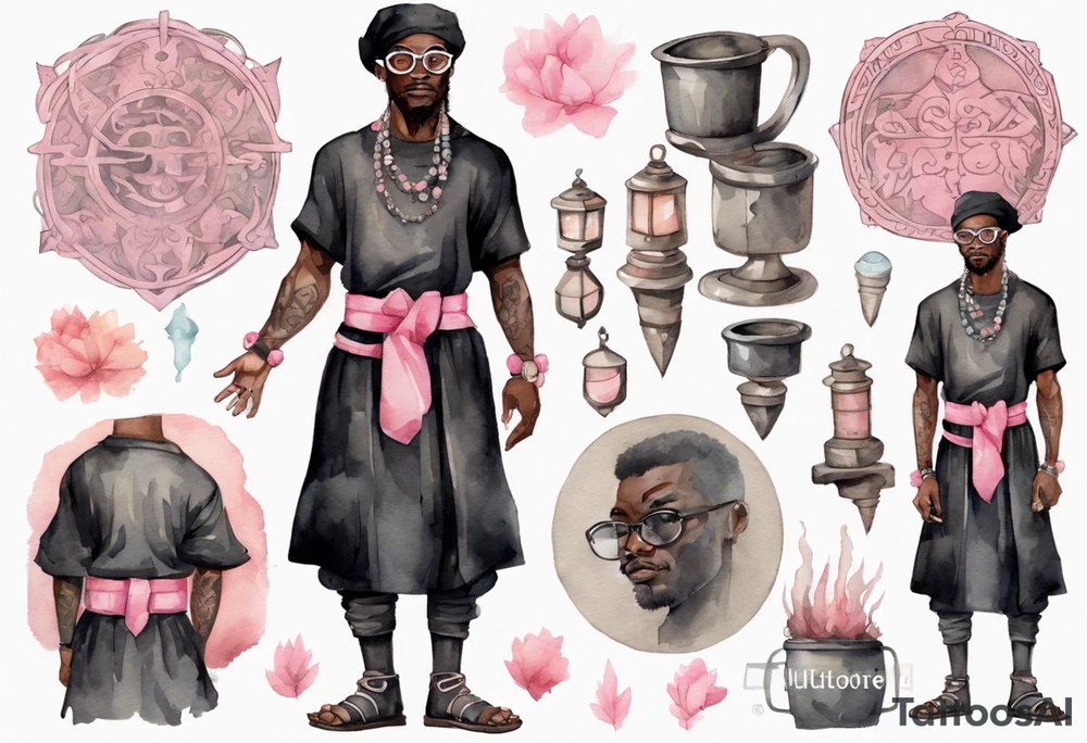 a medieval black man wearing round glasses, wearing a black tunic, wearing a pink belt, wearing grey mukluks tattoo idea