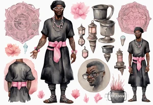 a medieval black man wearing round glasses, wearing a black tunic, wearing a pink belt, wearing grey mukluks tattoo idea