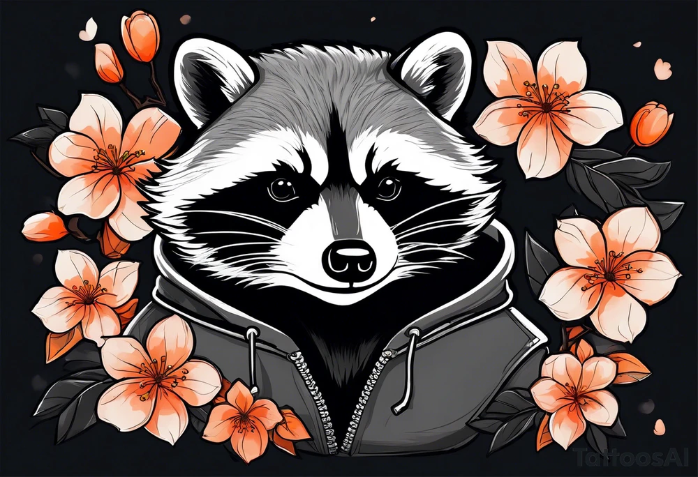 Raccoon wearing a white Superman logo on a black hoodie and orange Japanese cherry blossoms tattoo idea