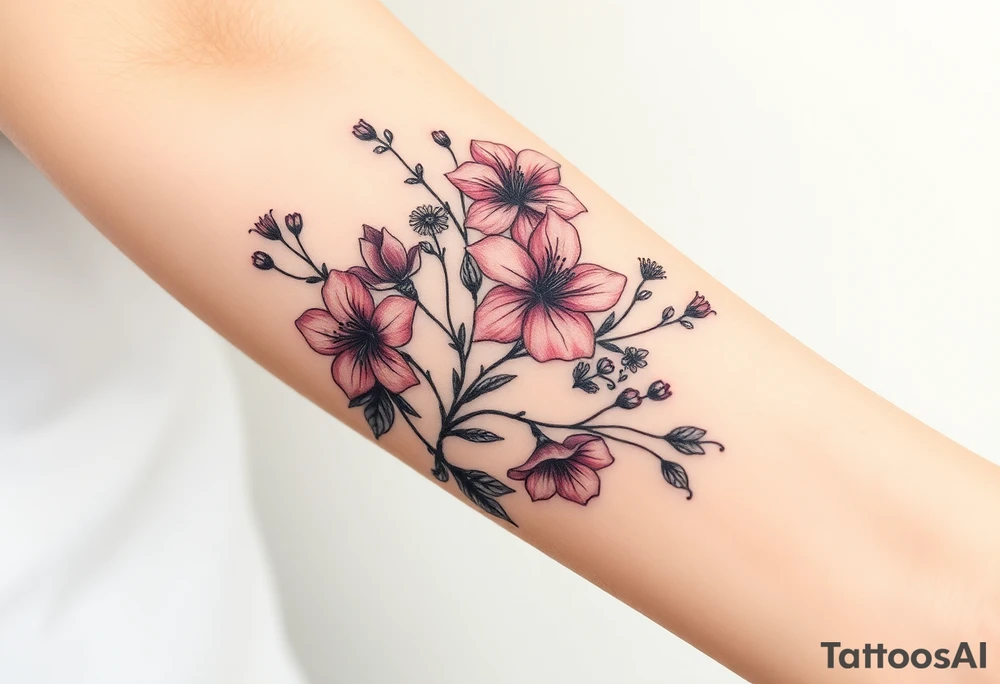 Azalea flowers with thick vines and wildflowers tattoo idea