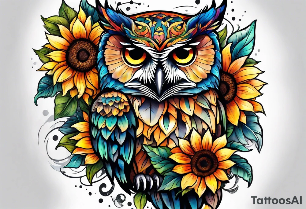 Arm sleeve with colorful sunflowers and an owl tattoo idea