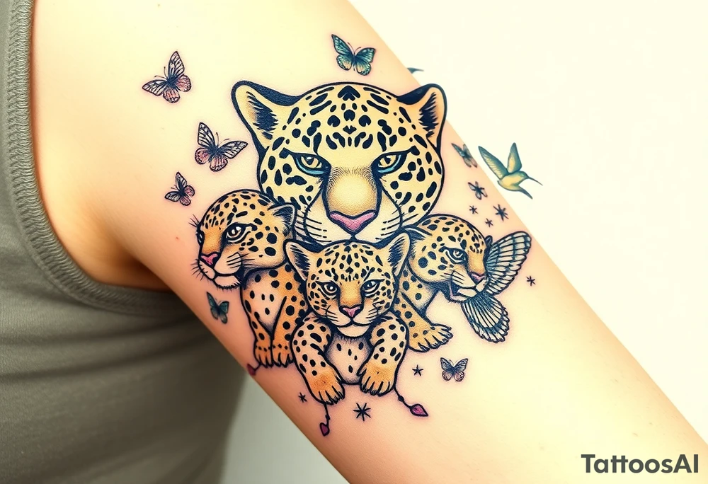head of 3 jaguars (1 mother and 2 cubs) surrounded by butterflies and hummingbirds in new old school style tattoo idea