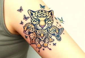 head of 3 jaguars (1 mother and 2 cubs) surrounded by butterflies and hummingbirds in new old school style tattoo idea